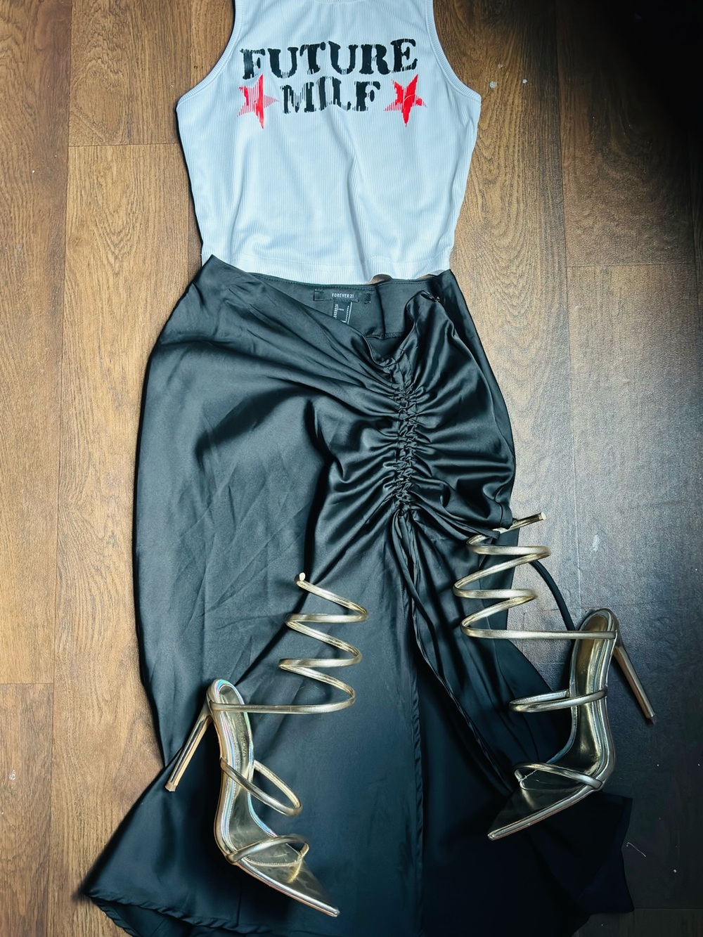 Forever 21 Black Ruched Satin Maxi Skirt